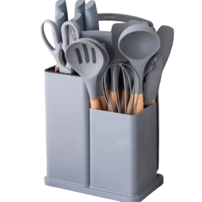 Premium 19-Piece Grey Silicone Kitchen Utensil Set with Knife, Cutting Board, and Gadgets: Stylish and Functional Cooking Essentials - Mumzar.com