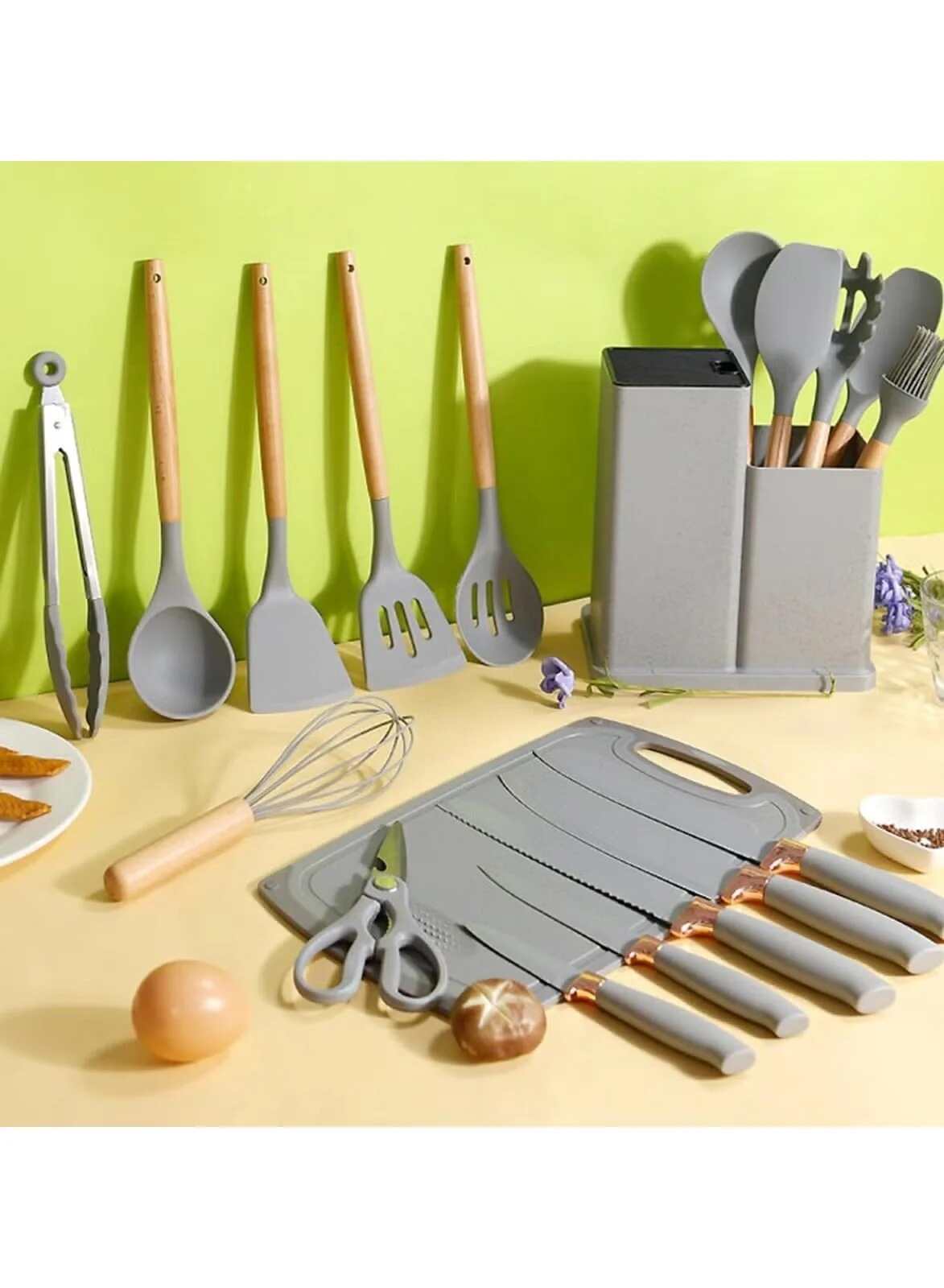 Premium 19-Piece Grey Silicone Kitchen Utensil Set with Knife, Cutting Board, and Gadgets: Stylish and Functional Cooking Essentials - Mumzar.com