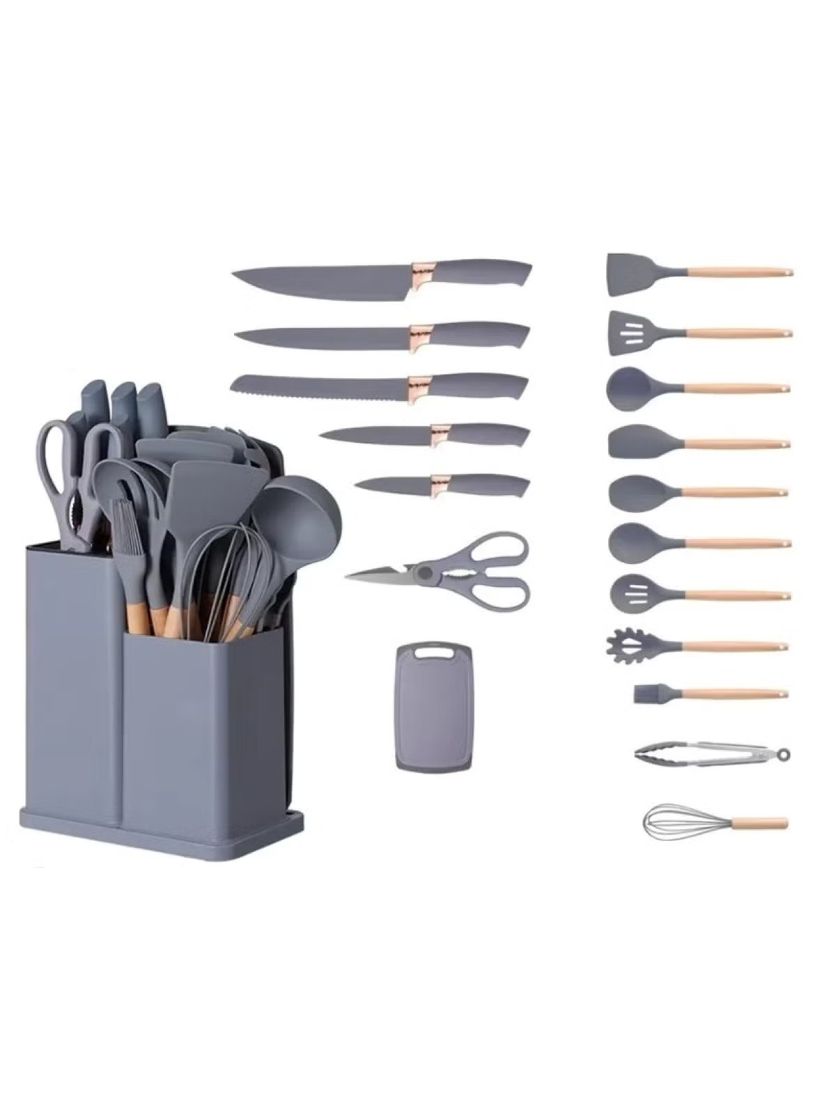 Premium 19-Piece Grey Silicone Kitchen Utensil Set with Knife, Cutting Board, and Gadgets: Stylish and Functional Cooking Essentials - Mumzar.com