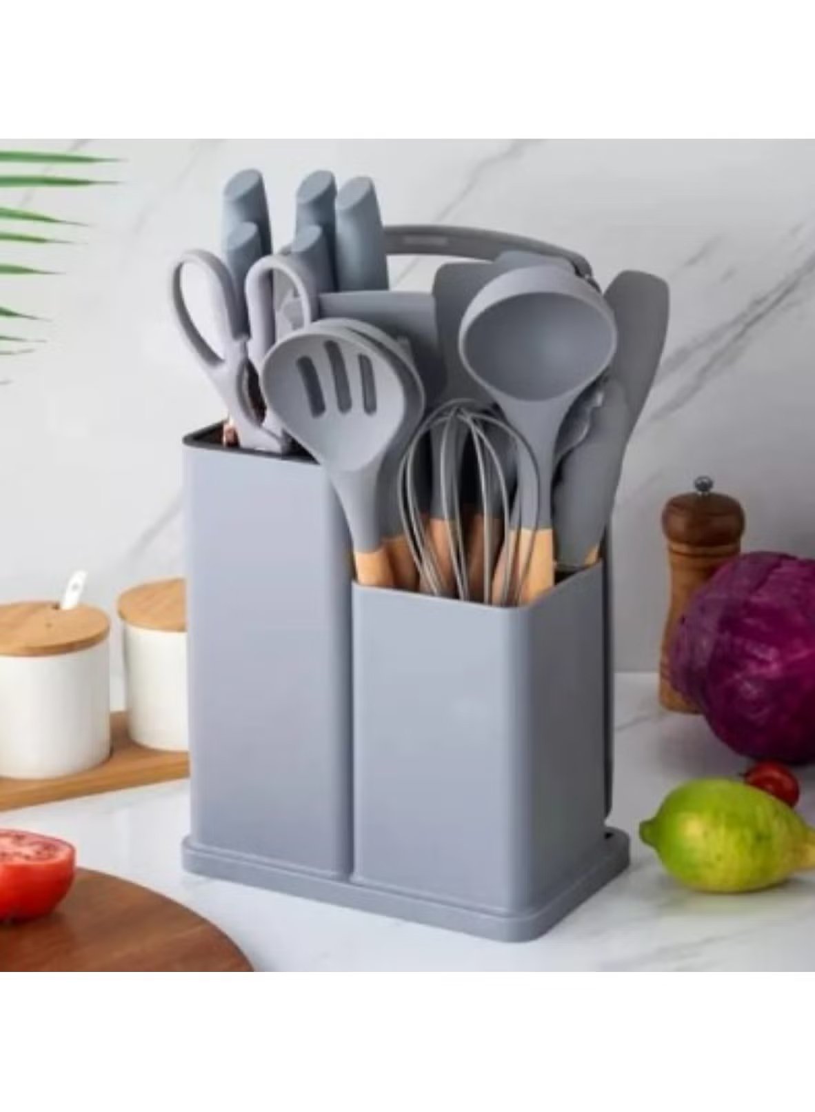 Premium 19-Piece Grey Silicone Kitchen Utensil Set with Knife, Cutting Board, and Gadgets: Stylish and Functional Cooking Essentials - Mumzar.com