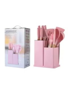 Huitich 19-piece premium cooking set UAE in pink with knives and utensils in a stand