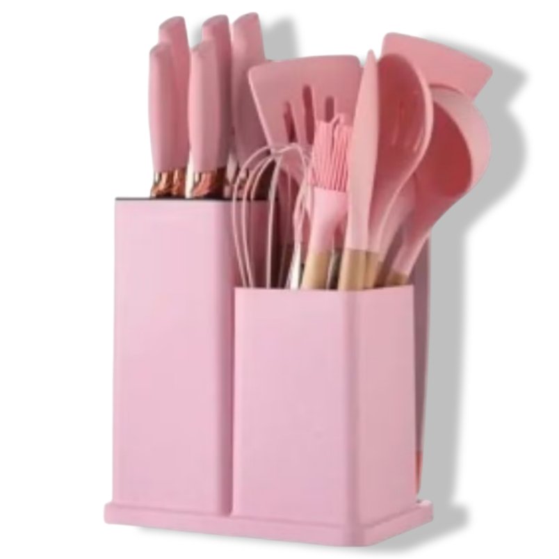 Premium Kitchen Set: 19-Piece Pink Silicone Utensils with Knife, Cutting Board, and Gadgets - Mumzar.com