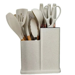 Huitich premium kitchen utensils 19-piece set with silicone heads and wooden handles in a white holder