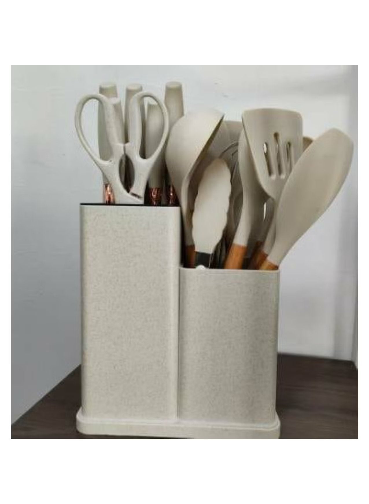 Huitich premium kitchen utensils 19-piece set in beige holder with spatula, scissors, and ladle