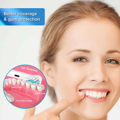 Smiling woman pointing to teeth and diagram showing Oral B compatible replacement toothbrush heads with gum protection