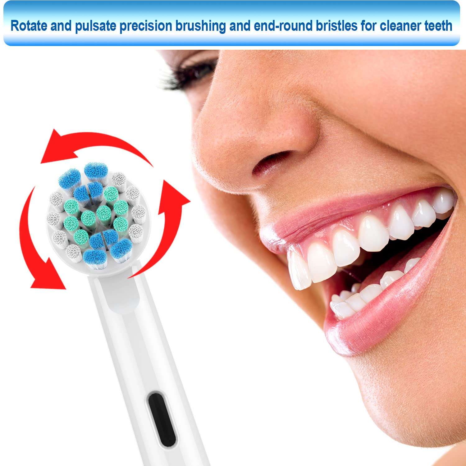 Vaymeboo electric brush head close up with blue green bristles beside smiling woman Oral B compatible replacement toothbrush heads