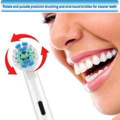 Vaymeboo electric brush head close up with blue green bristles beside smiling woman Oral B compatible replacement toothbrush heads