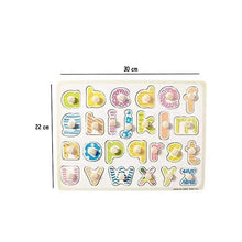 Alphabet peg puzzle board with 30 cm and 22 cm size markings