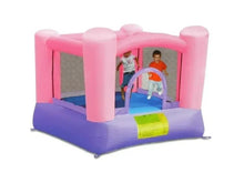 Inflatable kids bounce house with slide, pink frame and purple base