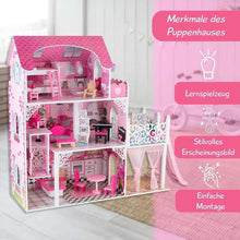 Pink and white dollhouse playset with furniture, balcony, terrace, and slide opening