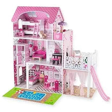 Pink and white dollhouse playset with furniture, three-story rooms and slide ramp