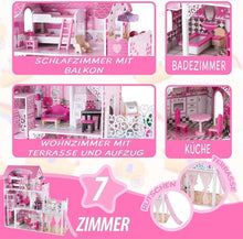 Pink and white dollhouse playset with open rooms, balcony and staircase