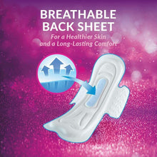 Extra-thin feminine pad diagram with breathable back sheet airflow arrows