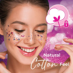 Smiling woman with glitter makeup holding pink packaging and cotton icon for extra thin feminine napkins