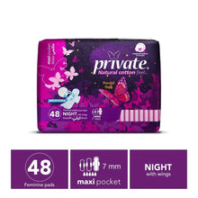 Maxi pocket night sanitary pads pack with 48 count and wings; maxi pocket label
