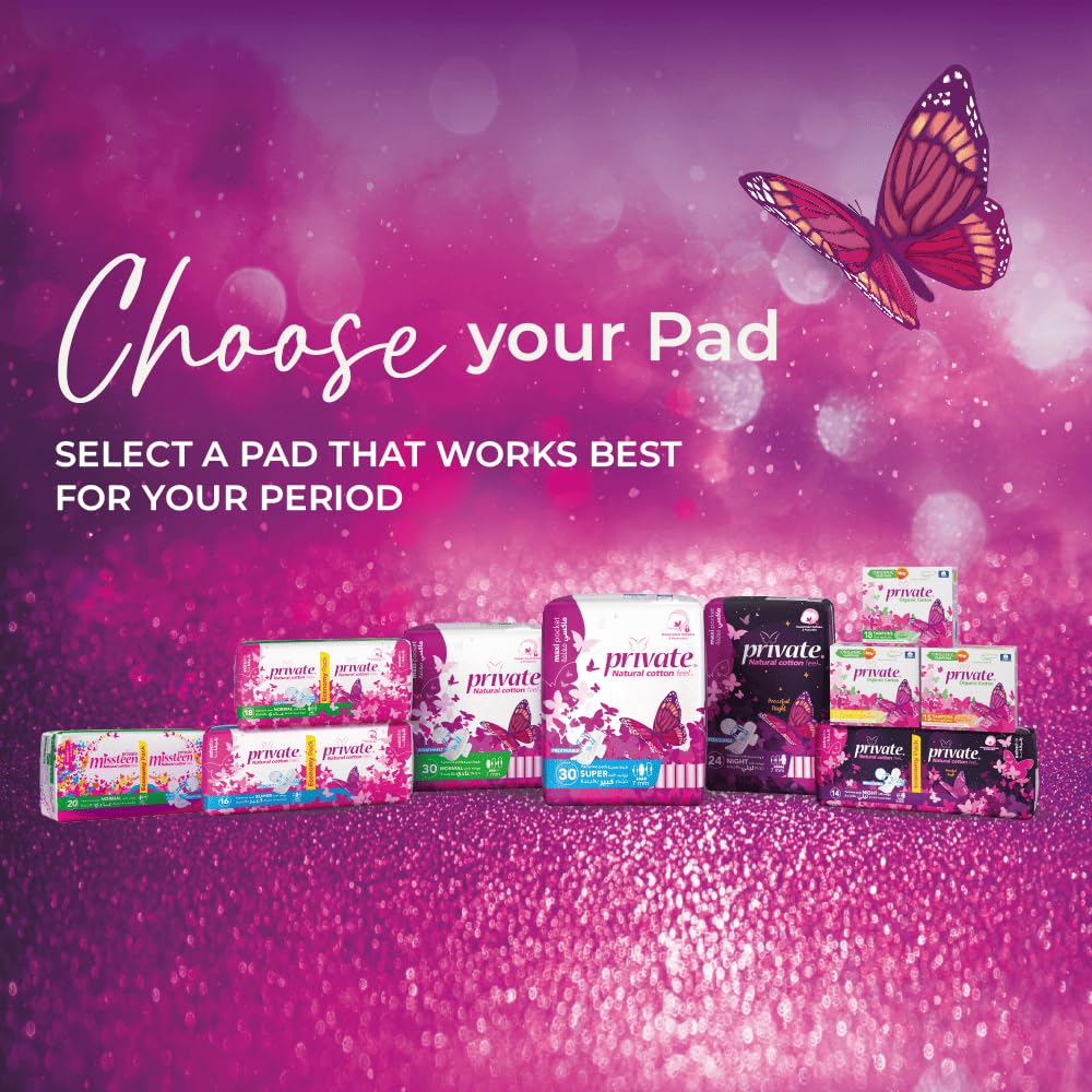 Private sanitary pad packages on pink sparkly background with butterfly and Choose your Pad text maxi night sanitary pads UAE