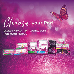 Private sanitary pad packages on pink sparkly background with butterfly and Choose your Pad text maxi night sanitary pads UAE