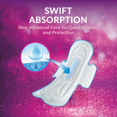 Long winged sanitary pad showing swift absorption core demonstration on sparkly purple background for maxi night sanitary pads UAE