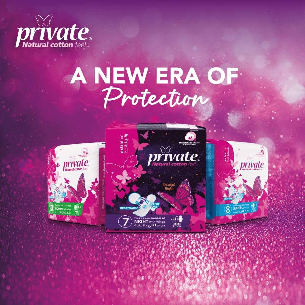 Private brand maxi night sanitary pads UAE packaging trio on pink glitter background with butterflies and cotton feel