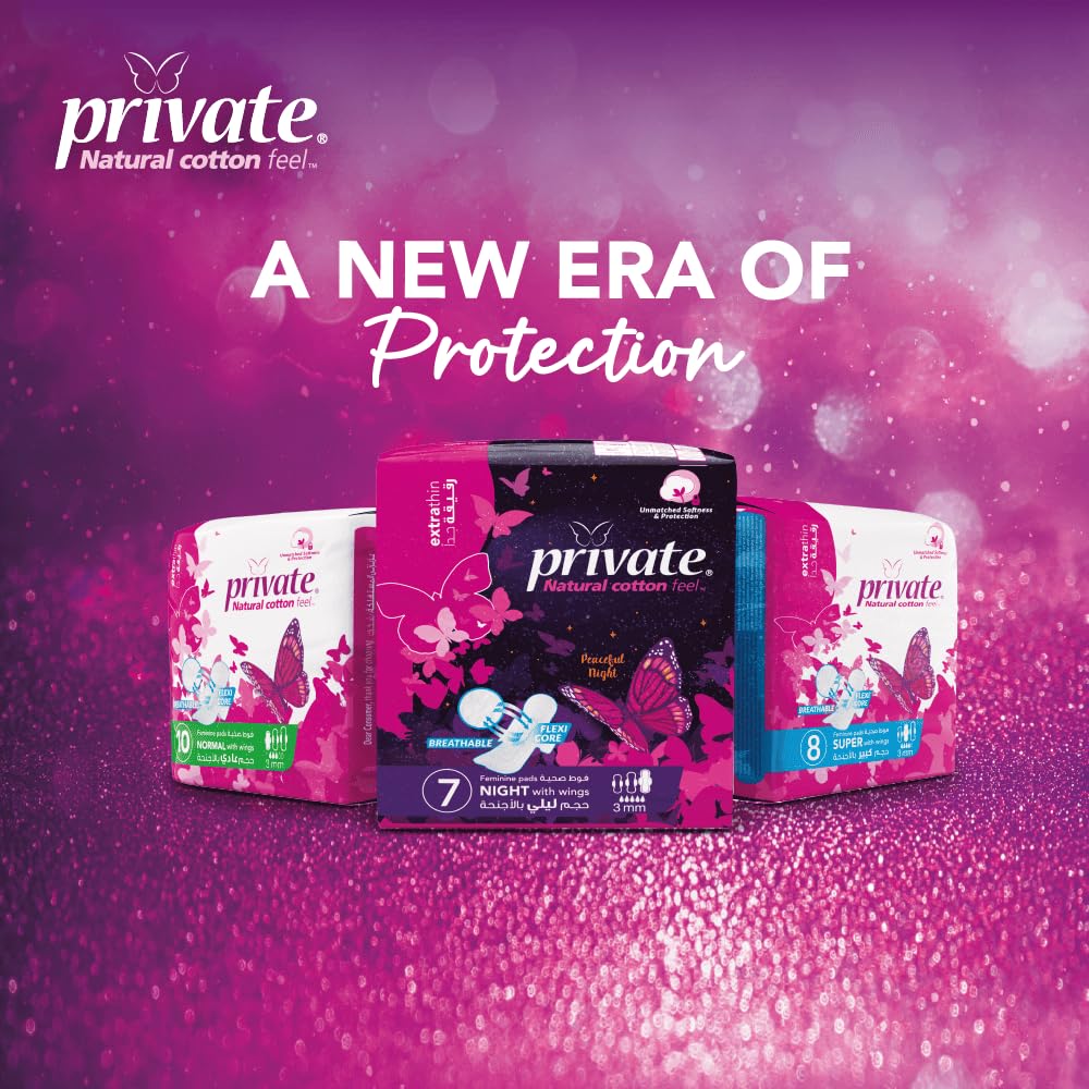 Private brand maxi night sanitary pads UAE packaging trio on pink glitter background with butterflies and cotton feel