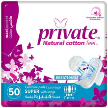 Private Natural cotton feel super maxi pocket feminine pads with wings, 50 count pack