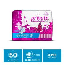 Private Natural cotton feel super maxi pocket feminine pads with wings, 50 count, front view