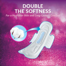 Super maxi feminine pad with wings shown with soft comfort graphic