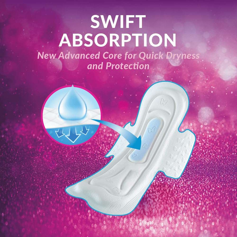 Purple background product image of maxi sanitary pads with wings showing droplet and arrows for swift absorption and protection