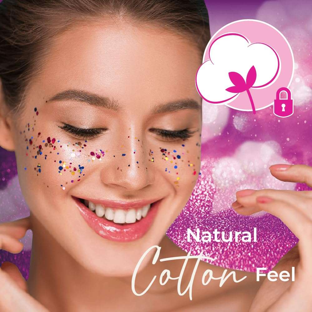 Smiling woman with glitter and cotton icon promoting maxi sanitary pads with wings natural cotton feel for comfortable protection