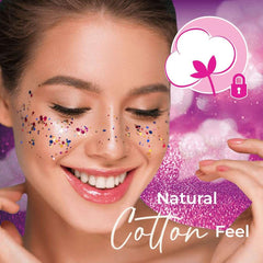 Smiling woman with glitter and cotton icon promoting maxi sanitary pads with wings natural cotton feel for comfortable protection