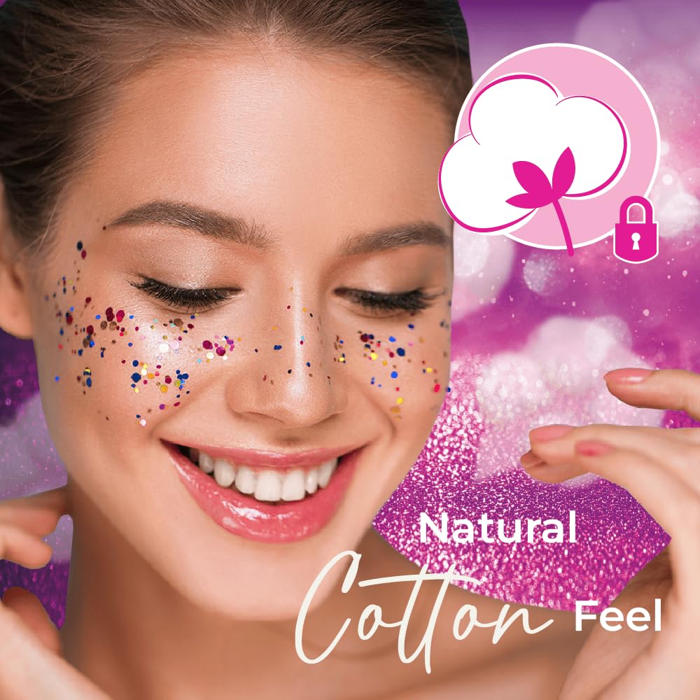 Smiling woman with glitter and cotton icon promoting maxi sanitary pads with wings natural cotton feel for comfortable protection
