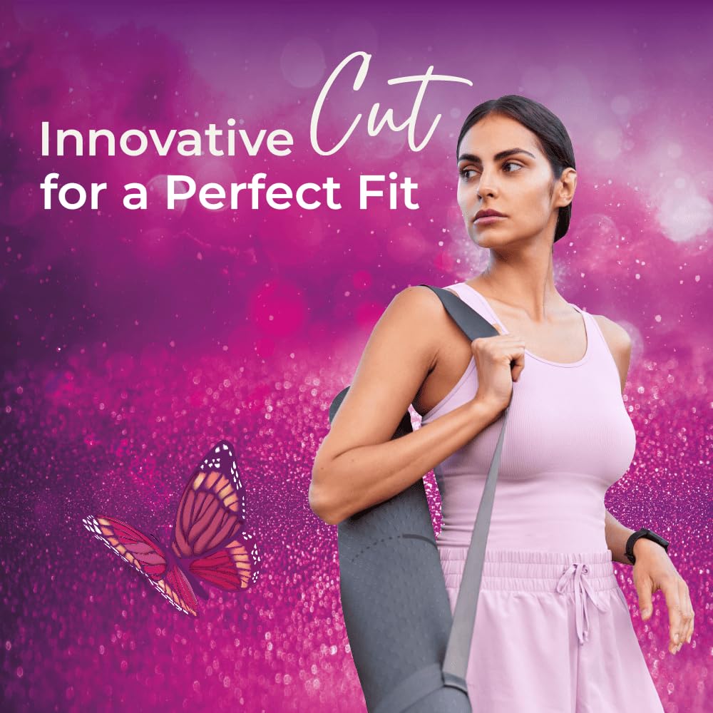Athletic woman carrying yoga mat against pink background near text Innovative Cut for a Perfect Fit maxi sanitary pads with wings