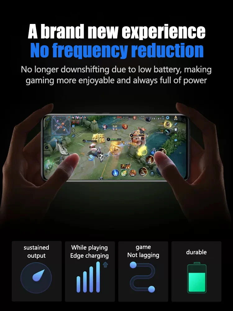 Samsung Galaxy A series replacement battery ad showing hands holding phone playing game highlighting sustained output and durability