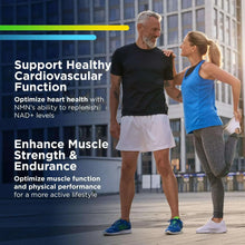 NMN Pro 1000 supplement ad with two runners jogging on a city sidewalk