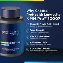 ProHealth Longevity NMN Pro 1000 supplement bottle with checklist callouts on label