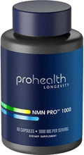 ProHealth Longevity NMN Pro 1000 supplement bottle, dark blue with silver cap