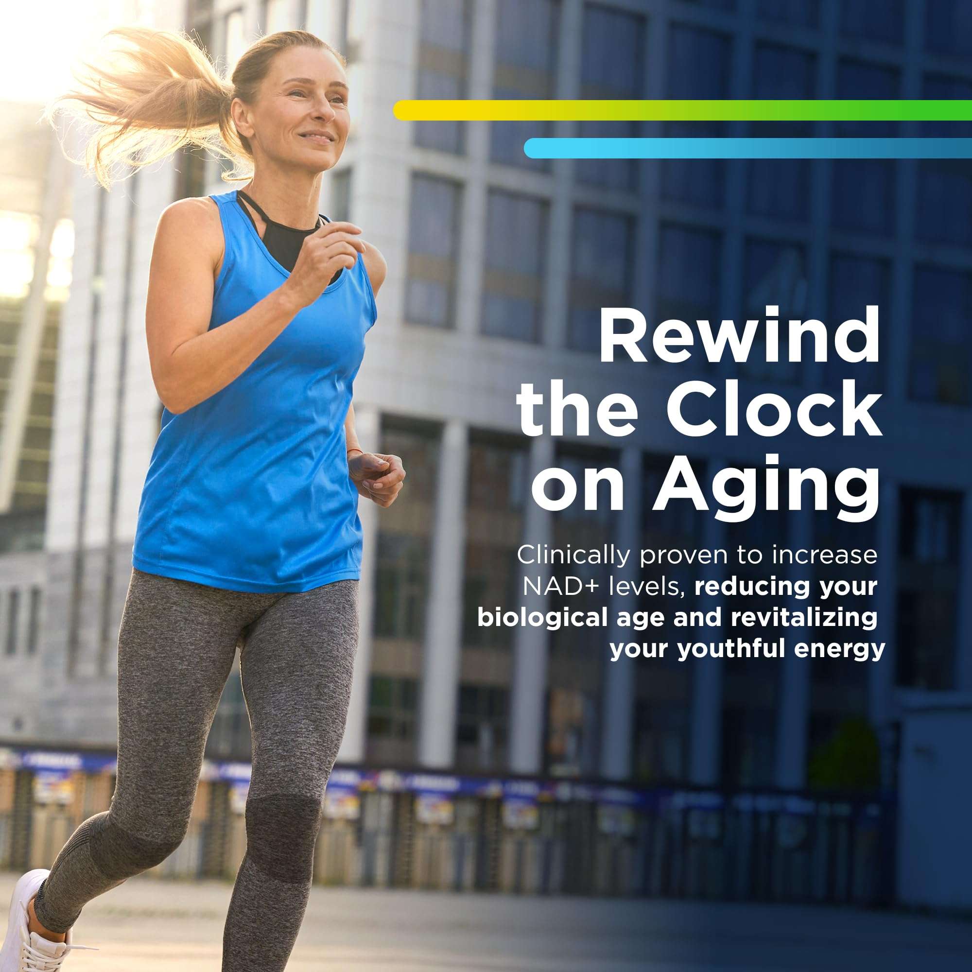 ProHealth high potency NMN supplement ad showing a fit woman jogging in city with anti aging message