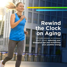 NMN Pro 1000 supplement ad with woman jogging outdoors in blue top and gray leggings