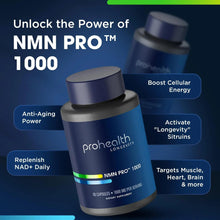 ProHealth Longevity NMN Pro 1000 supplement bottle with silver cap, dark blue label