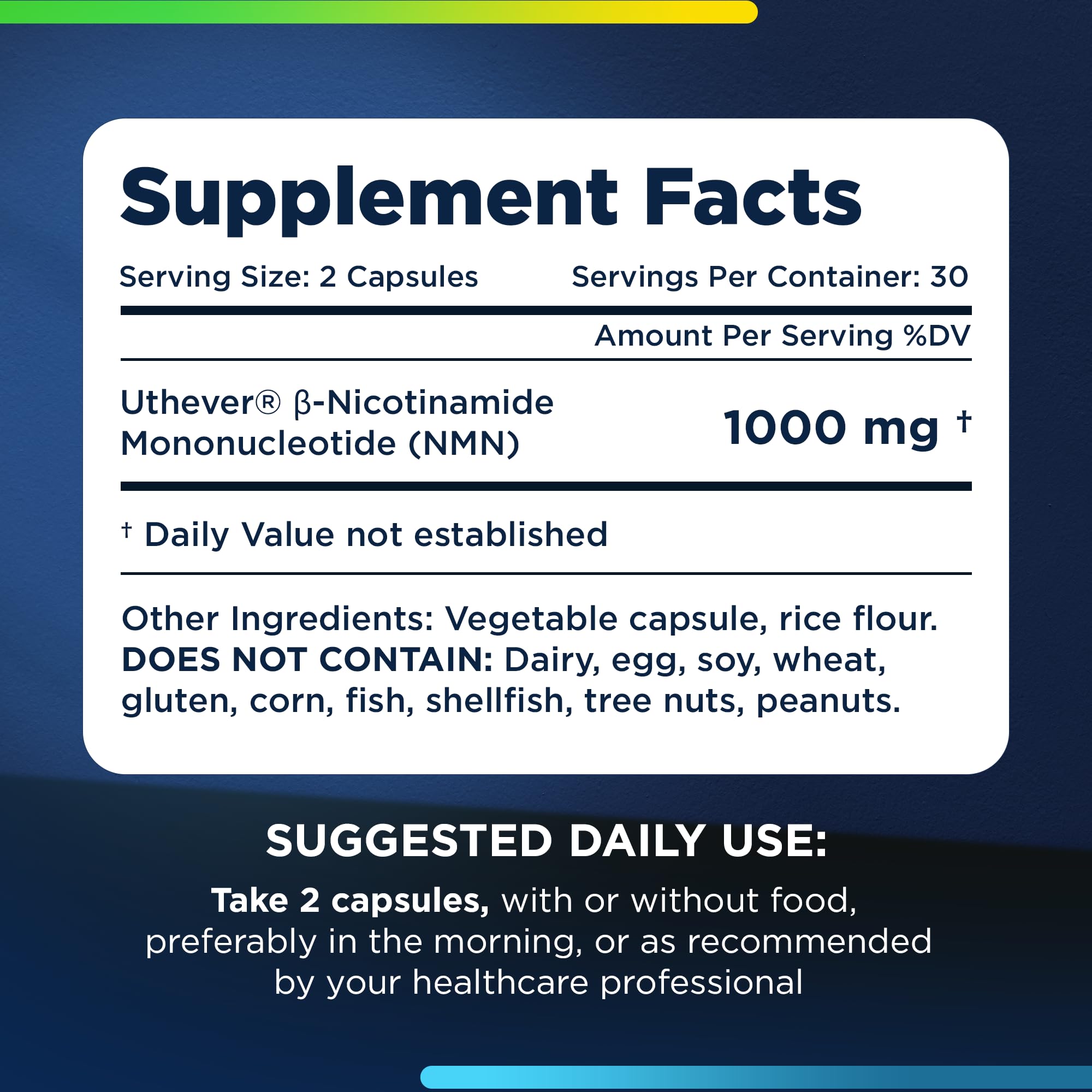 ProHealth supplement facts label showing 1000 mg Uthever NMN per 2 capsule serving and suggested use high potency NMN supplement