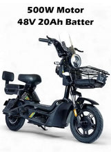 Black electric scooter with front wire basket and dual padded seats, side profile view