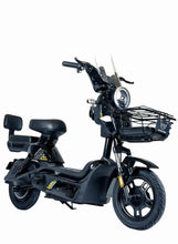 Black electric scooter with front wire basket, headlight, handlebars, and cushioned seat