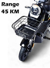 Front wire grocery basket on black electric scooter with headlight and front tire visible