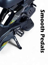 Black electric scooter with foot platform, spring suspension, and side lever near frame