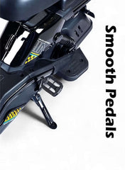 Close up of WIND HORSE M6 electric bike foot pedals and side stand with black frame and suspension