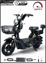 Black electric scooter with front wire basket, headlight, and dual seats