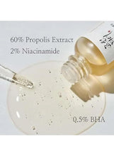 Golden serum with dropper, showing claims: 60% Propolis, 2% Niacinamide, 0.5% BHA