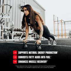 Athletic woman doing kettlebell push ups in gym promoting PROSUPPS L-Carnitine liquid shots for weight loss and recovery