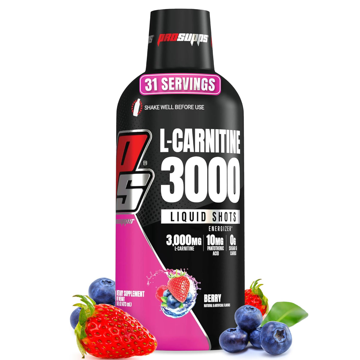 L-Carnitine liquid shots for weight loss PROSUPPS 3000 berry flavored bottle with strawberries and blueberries