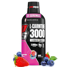 Berry liquid shot bottle, black cap and pink label with 'L-Carnitine' and '31 servings'